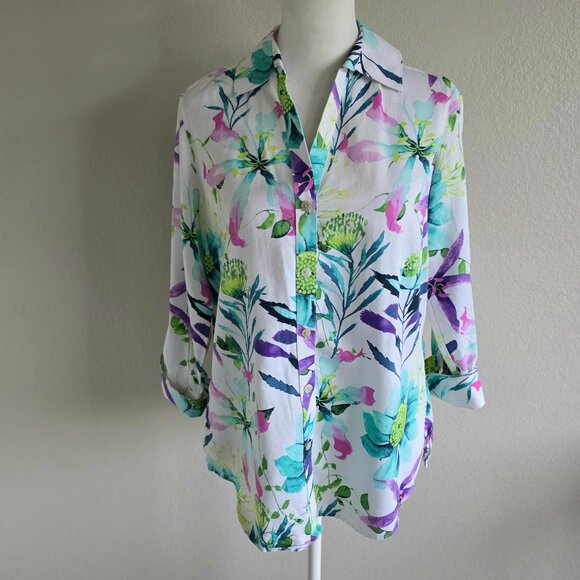 FOXCROFT Blouse Shirt Wrinkle Free Shaped Fit Floral Watercolor Artsy Size 6 - Picture 1 of 8